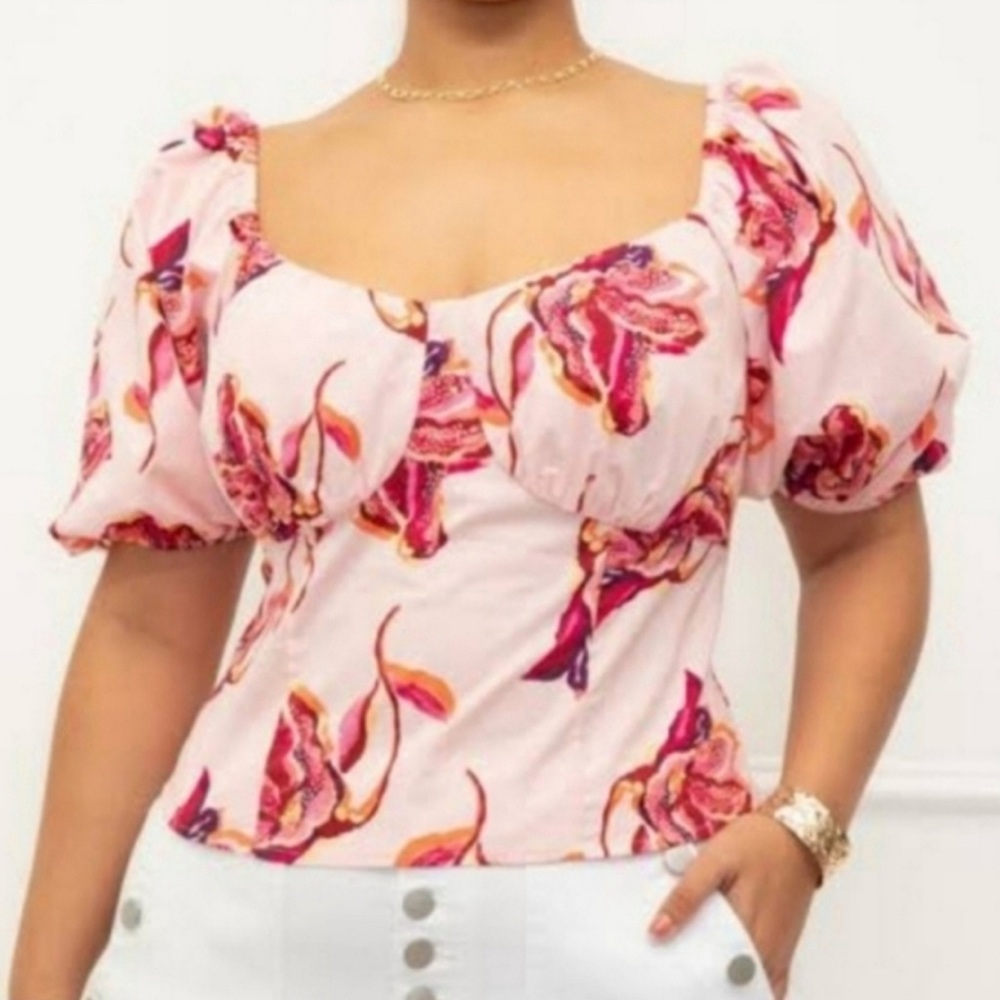 Eloquii Pink Floral Puff Sleeve Blouse